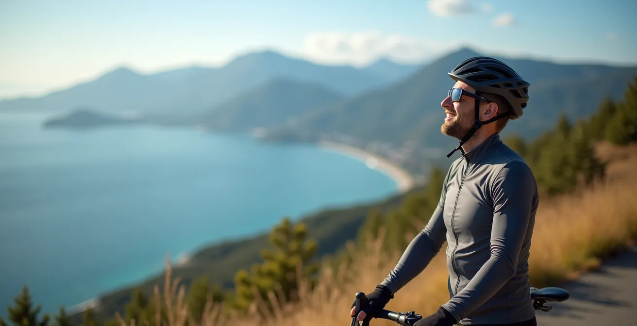 Cycliste sur la route panoramique au-dessus du Cap La Houssaye avec vue sur la baie de Saint-Paul