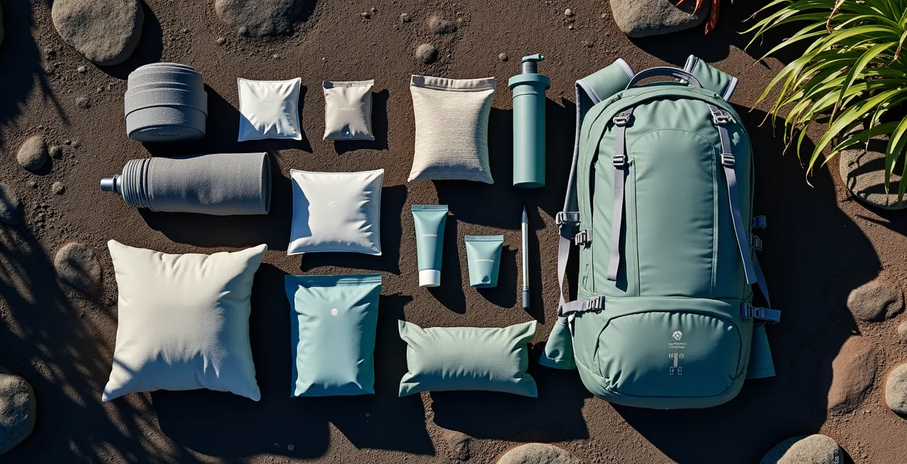 Équipement ultraléger étalé sur rocher volcanique avec vue sur le cirque de Mafate