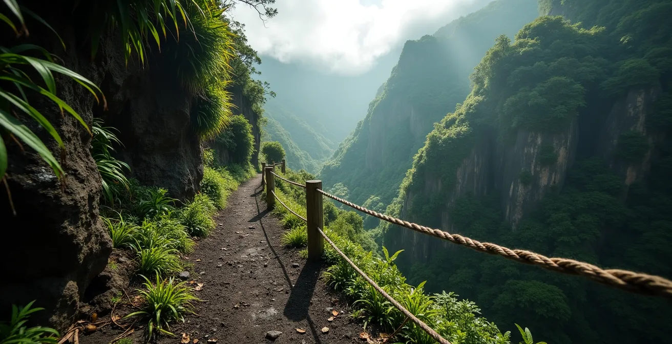 Sentier étroit longeant un ravin avec éboulis récent dans la végétation tropicale dense
