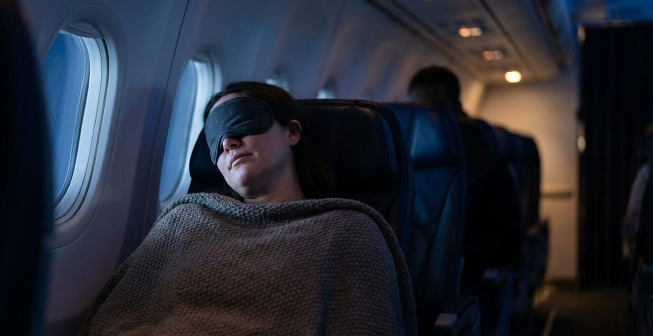 Passager endormi dans un avion de nuit avec masque de sommeil et couverture