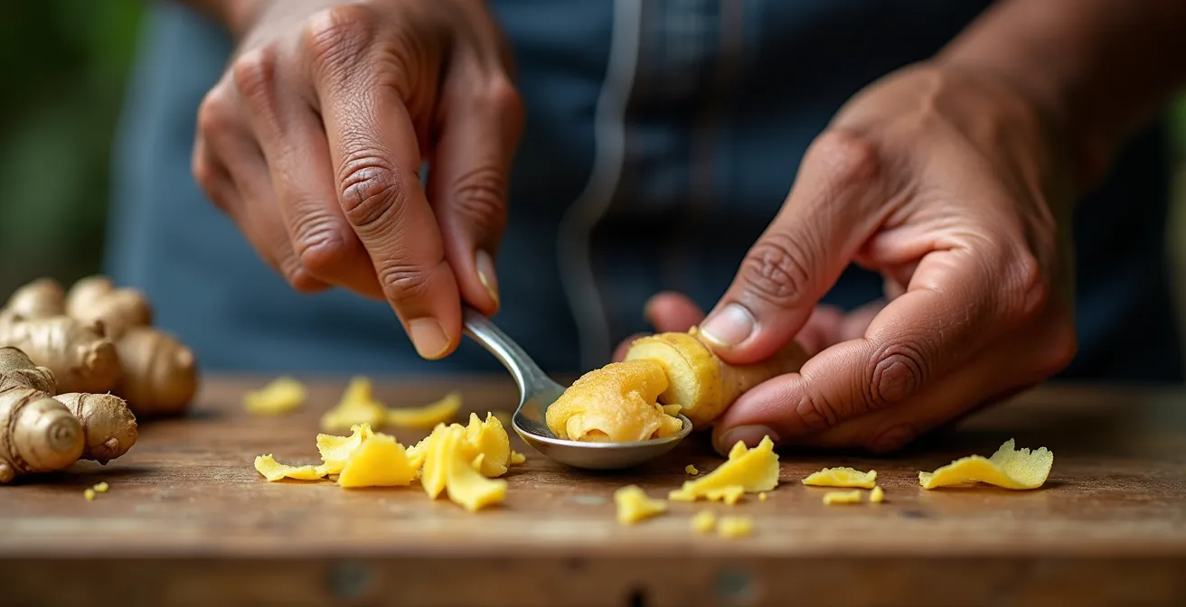 Mains utilisant une petite cuillère pour éplucher délicatement du gingembre péi noueux