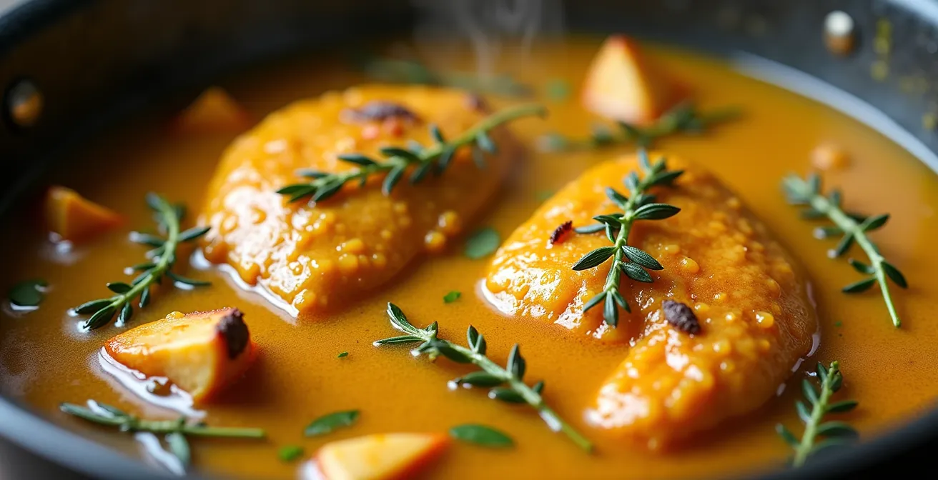 Vue macro rapprochée de l'intérieur d'une marmite montrant le niveau d'eau à mi-hauteur des morceaux de poulet