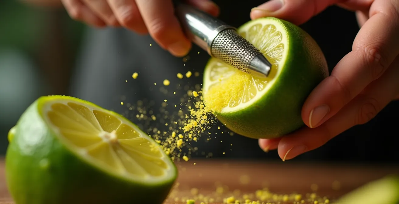 Gros plan sur la technique de râpage du zeste vert du combava sans toucher la partie blanche