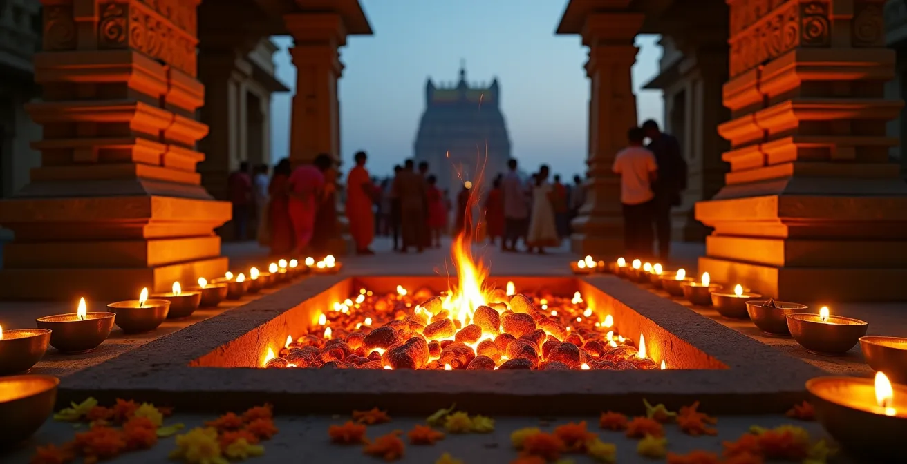 Vue atmosphérique du Temple du Colosse à Saint-André pendant une cérémonie de marche sur le feu