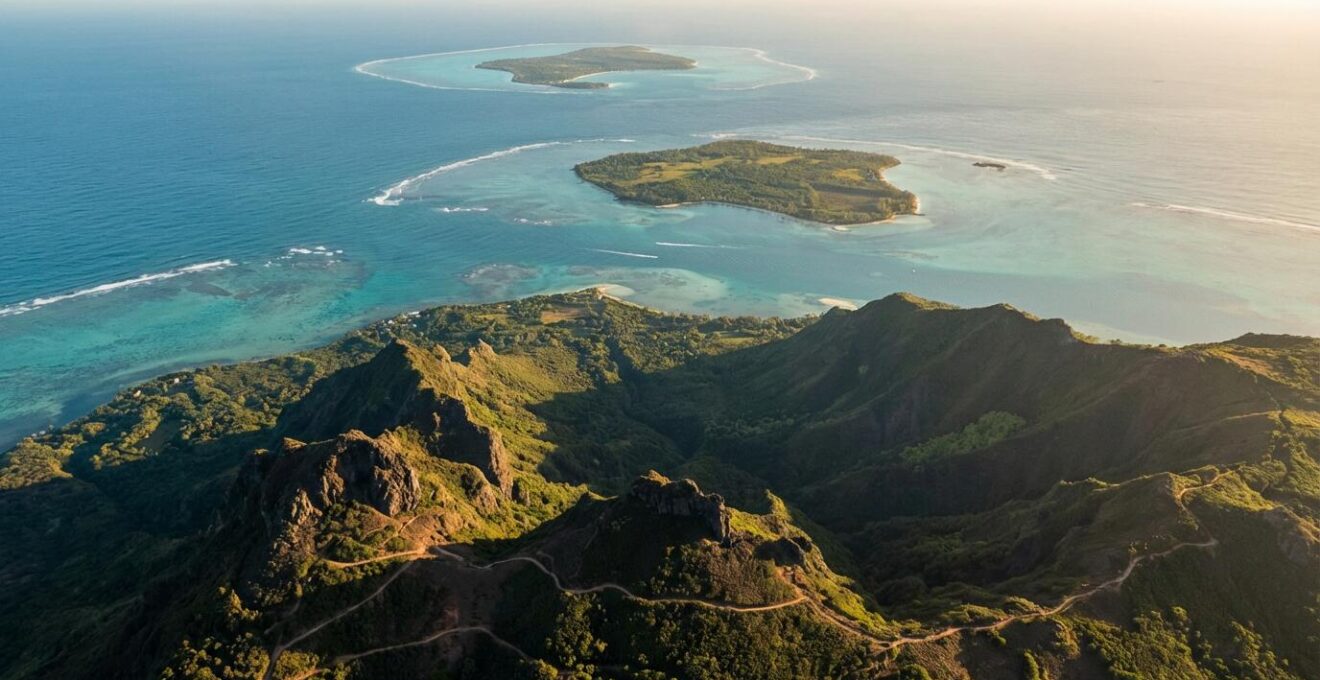 Vue aérienne des trois îles de l'océan Indien avec leurs caractéristiques sportives distinctes