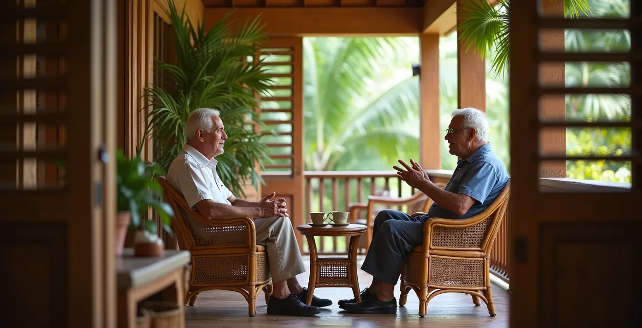 Vue d'une varangue traditionnelle avec ses colonnes en bois et ses fauteuils créoles