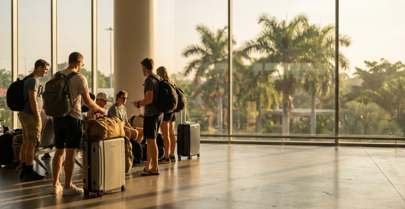 Touristes avec bagages et documents à l'aéroport Roland Garros de La Réunion
