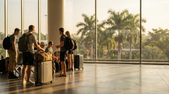 Touristes avec bagages et documents à l'aéroport Roland Garros de La Réunion